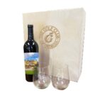 Wooden Box with Wine Bottle & 2 Stemless Wine Glasses